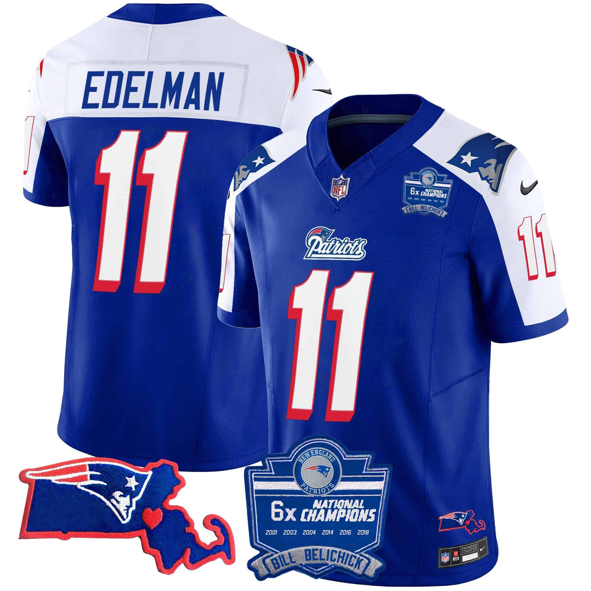 Men New England Patriots #11 Edelman Blue 2024 Nike 6x Champions Patch Vapor Limited NFL Jersey